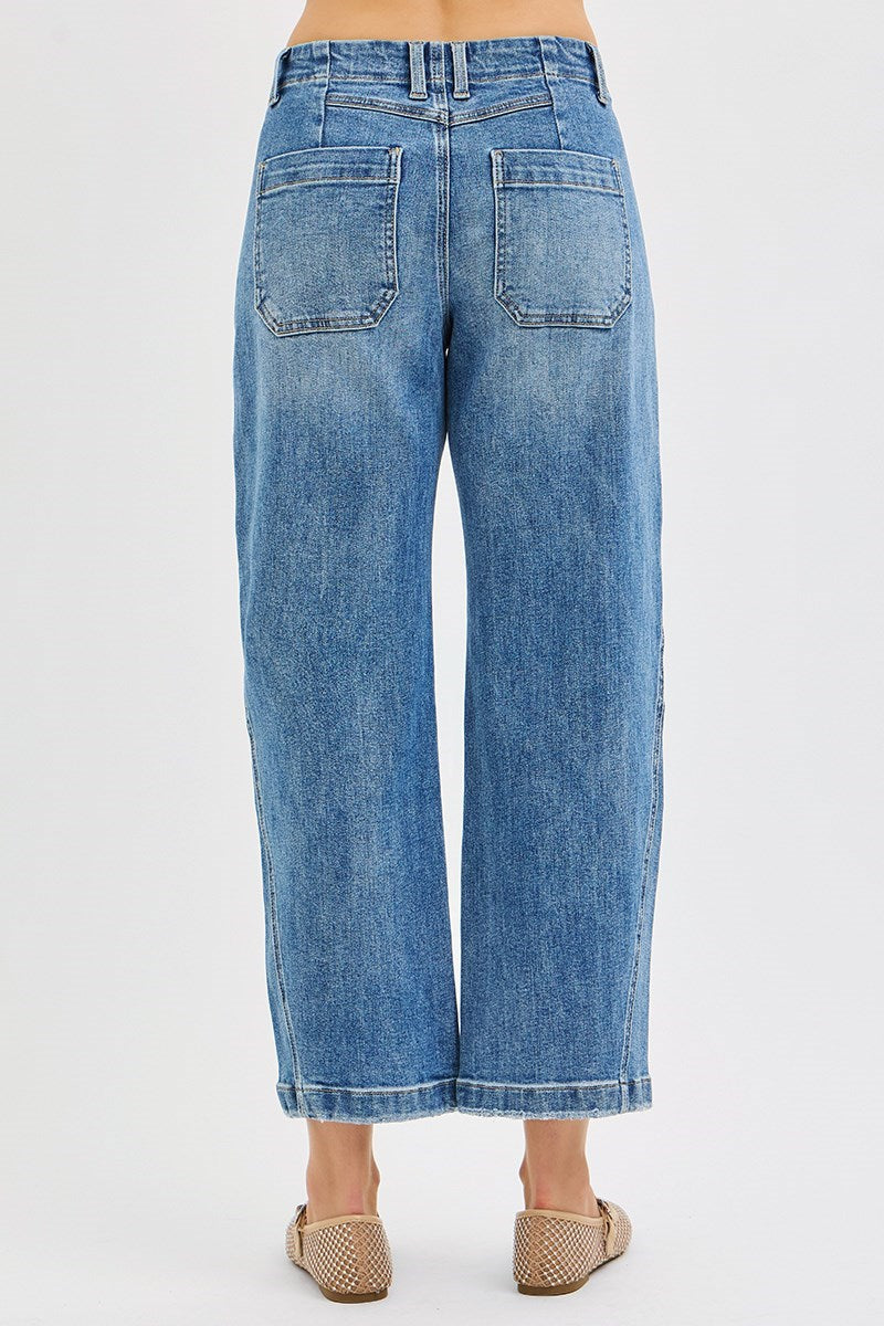 Button Fly Barrel Jeans - Mid Rise