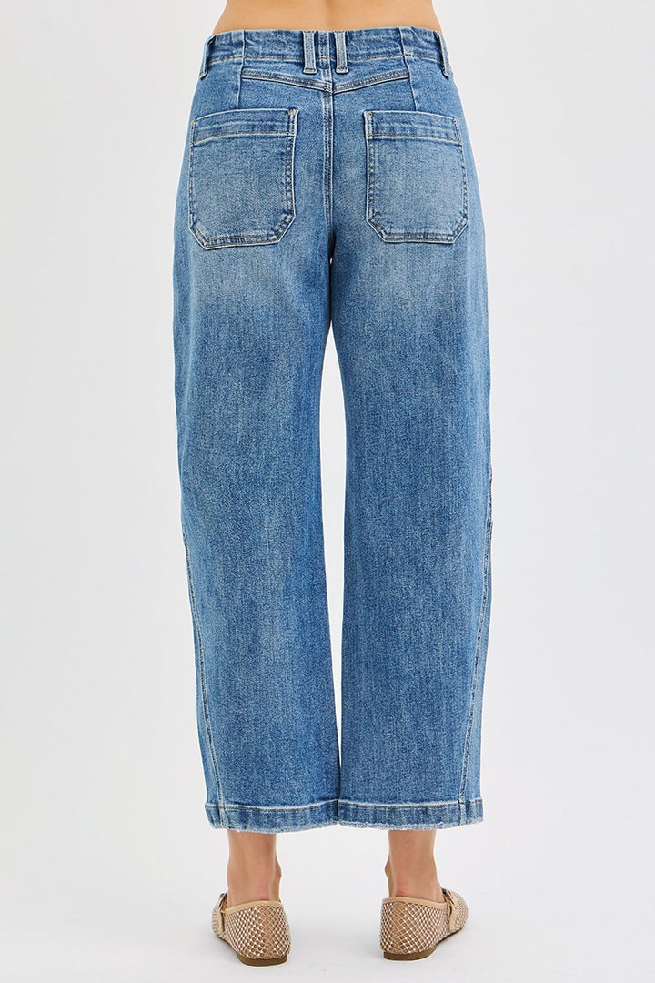Button Fly Barrel Jeans - Mid Rise