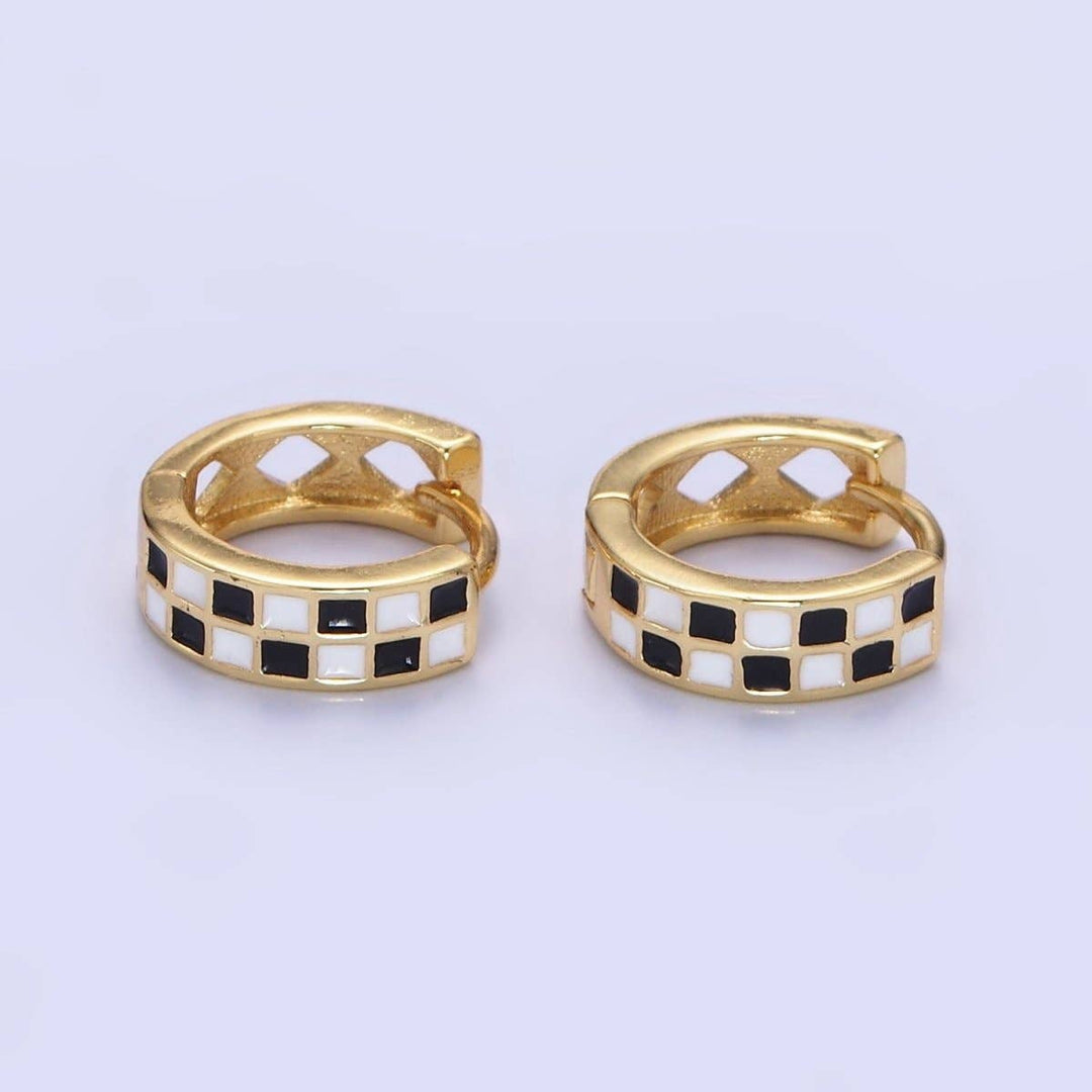 Black &amp; White Checkered Enamel Huggie Earrings