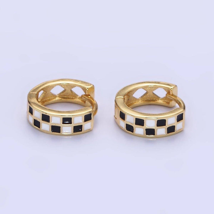 Black &amp; White Checkered Enamel Huggie Earrings