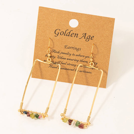 Mixed Stone Beads Rectangle Dangle Earrings: GOLD