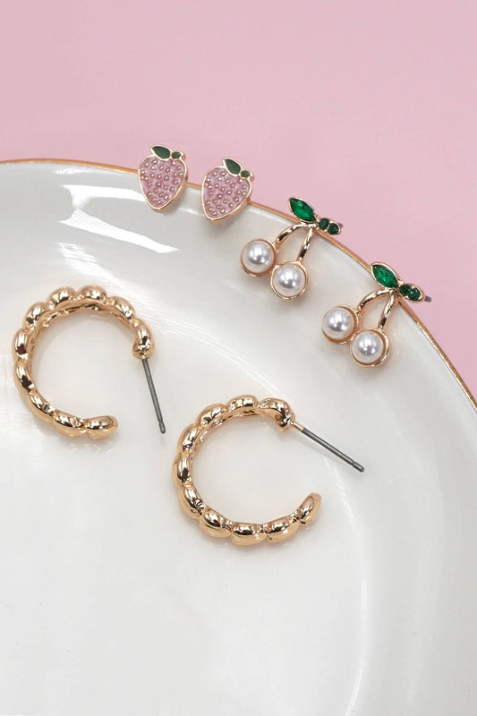 CHERRY STRAWBERRY STUD HOOP SET