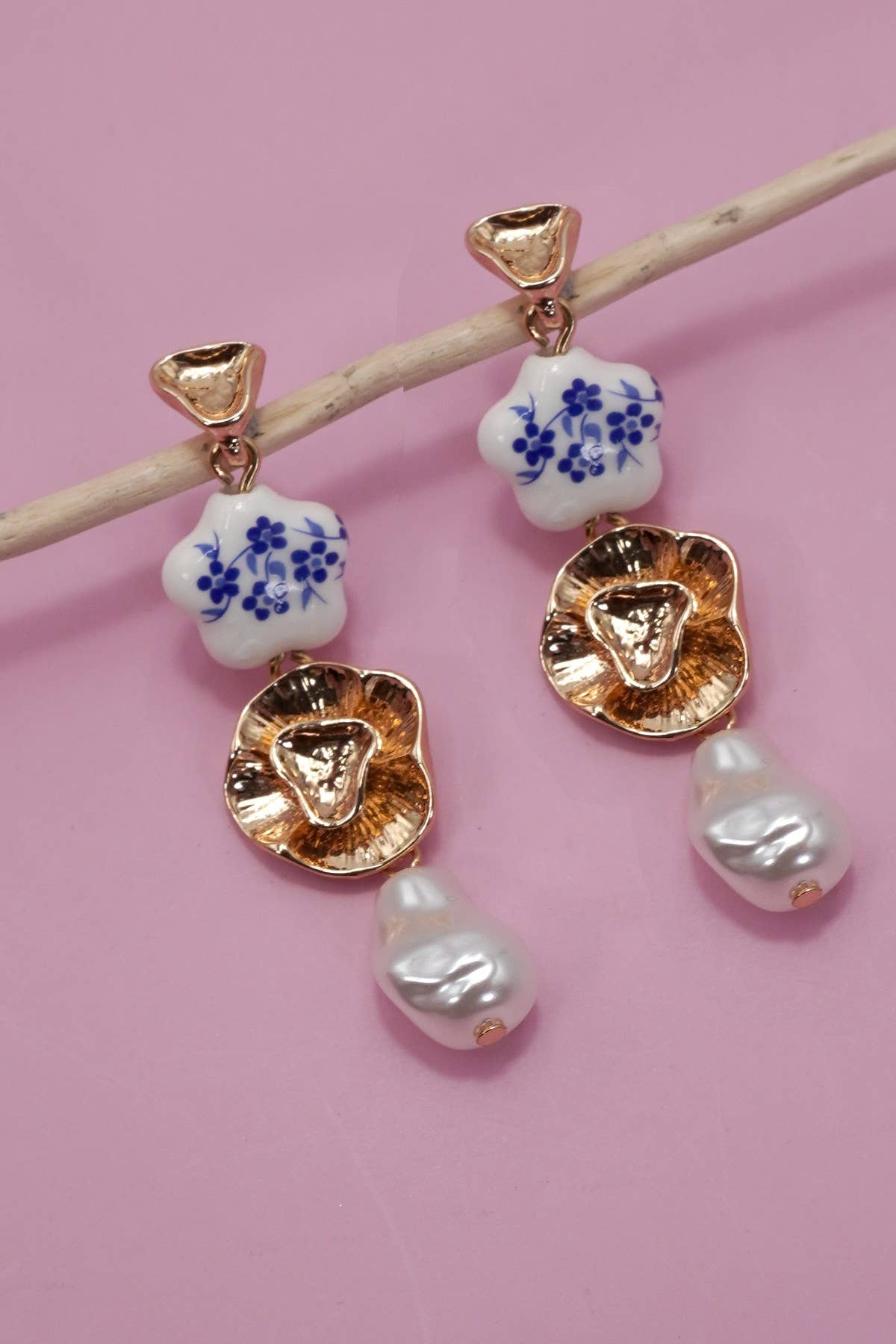 BLUE CERAMIC PORCELAIN  GOLD PEARL DROP EARRINGS