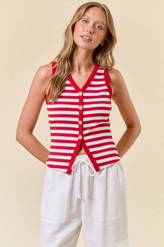 Red Stripe Knit Button Tank