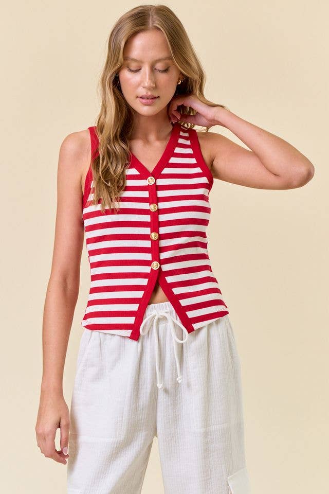 Red Stripe Knit Button Tank