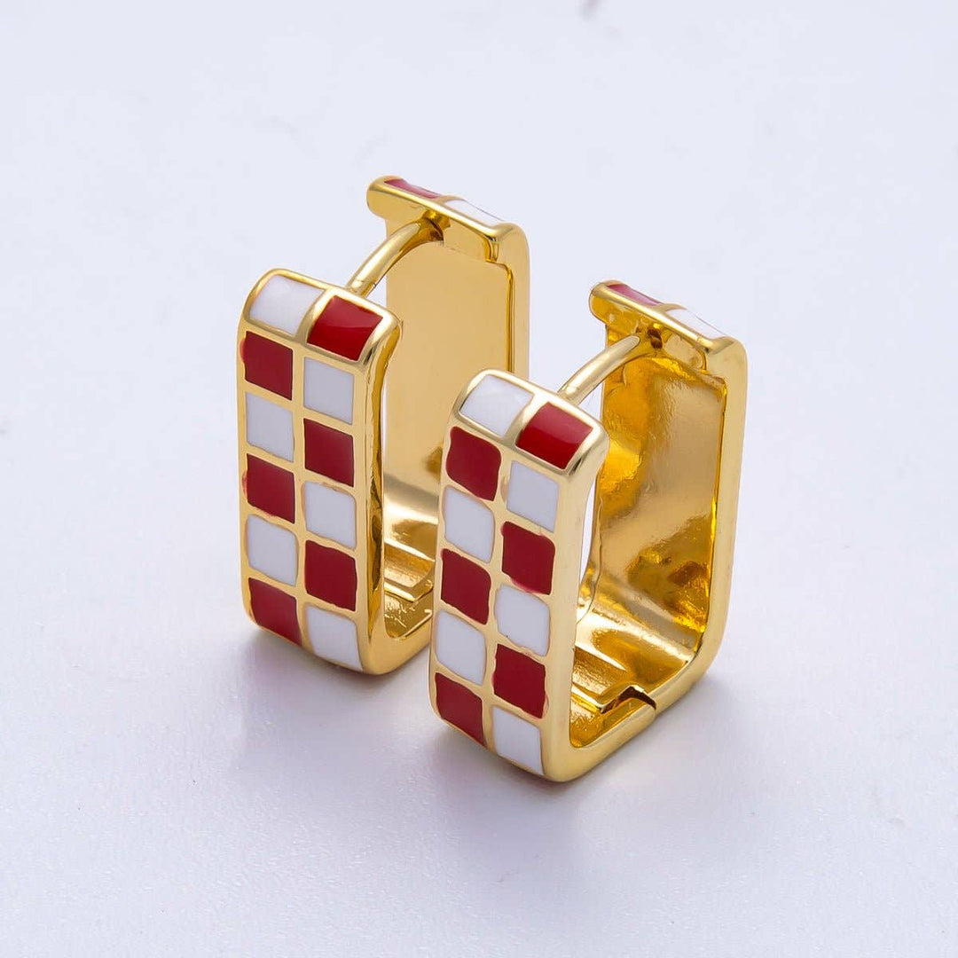 Checkered Enamel Square Huggie Earrings