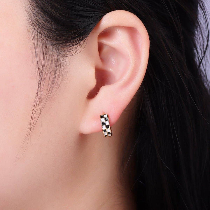 Black &amp; White Checkered Enamel Huggie Earrings
