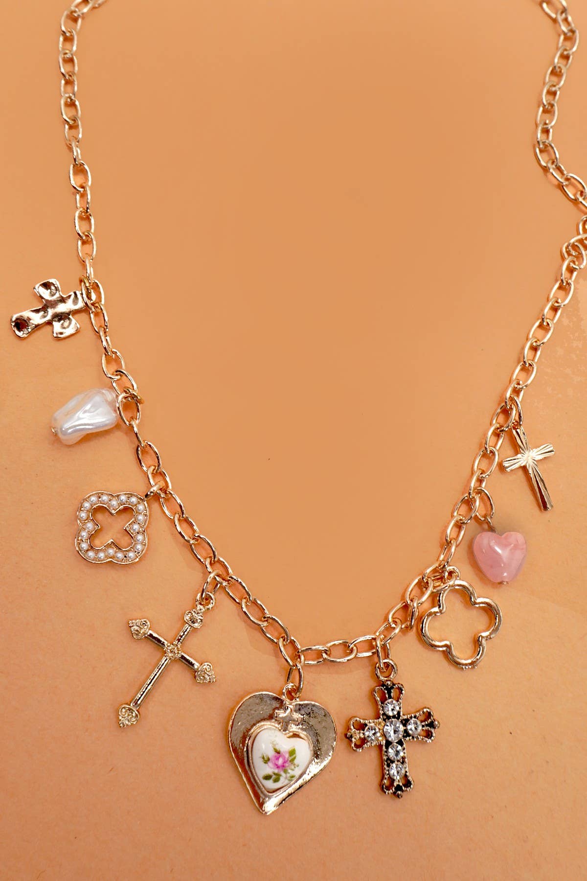 Charm Necklace Cross Pink Accents