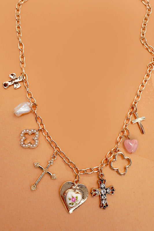 Charm Necklace Cross Pink Accents