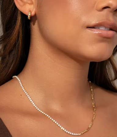 18K Gold Stainless Steel Tennis Paper Clip Rhinestone Necklace