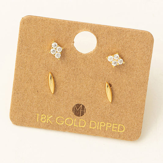 Mini Four Piece Rhinestone Stud Earrings: Gold