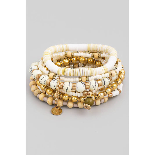 Multi Disc Stone Bead Stretch Bracelet Set: WHITE