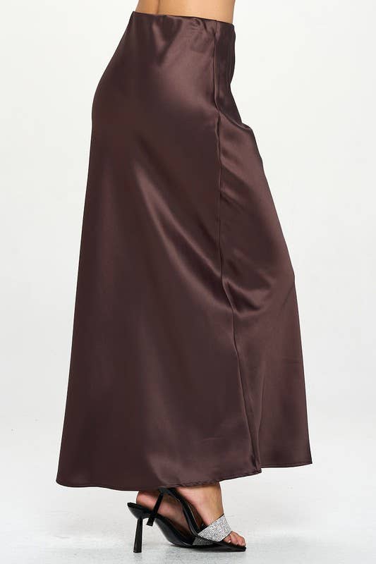 Silky Satin Maxi Skirt: Brown