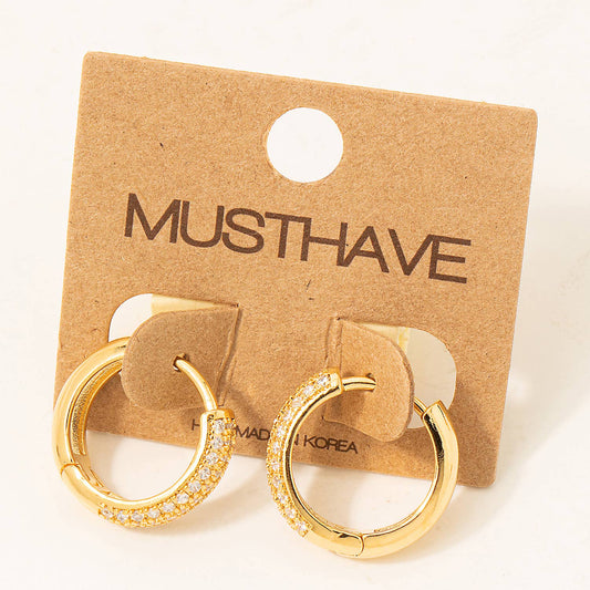 Pave Studded Latch Hoop Earrings: Gold