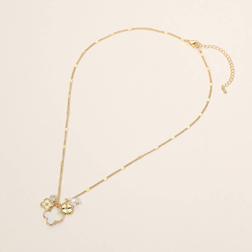 Mother of Pearl Quatrefoil Floral Pearl Charm Necklace