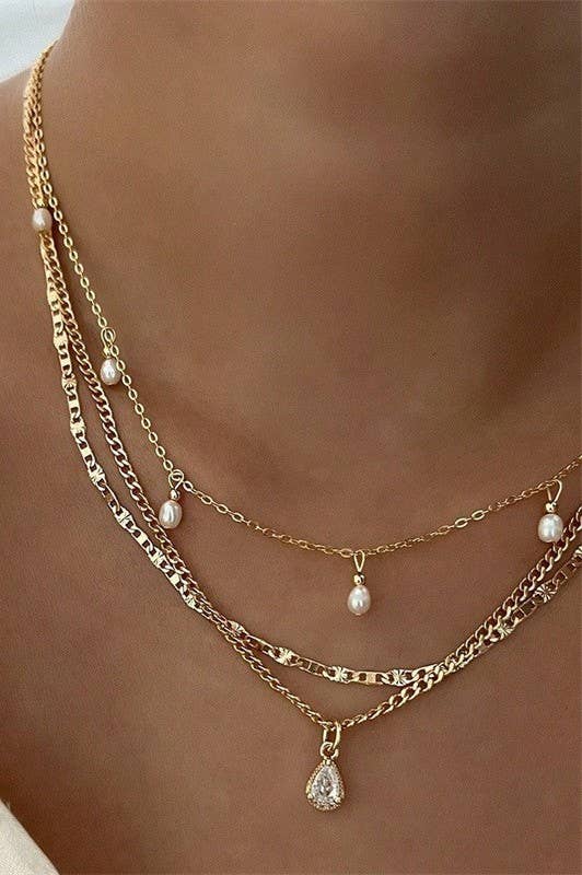 Pearl &amp; Stone Teardrop Charm Necklace