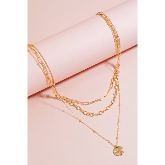 Coin Pendant Layered Chains Necklace: Gold Crystal