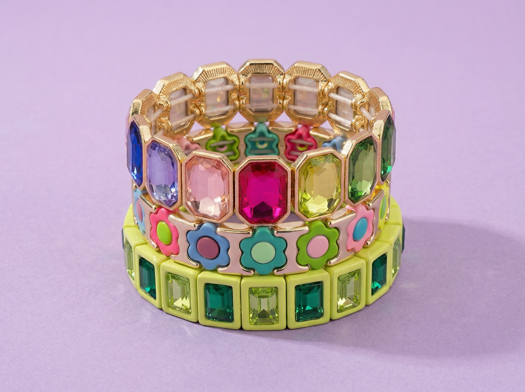 Enamel Stretch Bracelet - Octagon Rainbow Stones - Simone