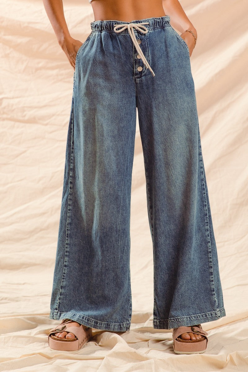 Wide Leg Denim Pants With Drawstring