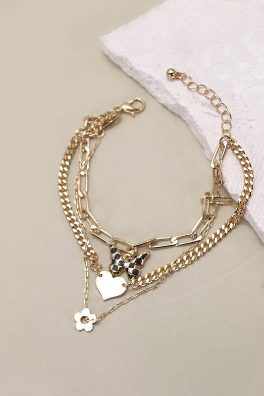 Multi-Layer Butterfly & Heart Charm Bracelet