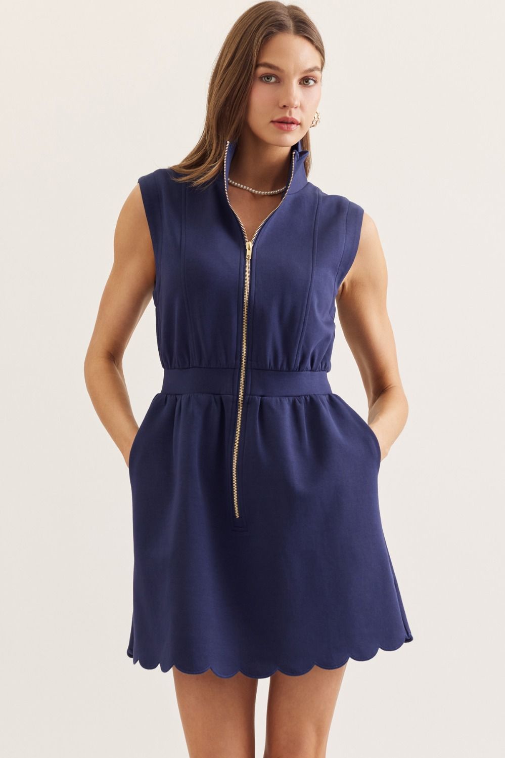 Navy Scallop Trim Half-Zip Mini Dress