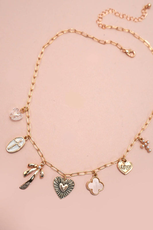 Charm Necklace – Clover, Bow, Cross & Heart