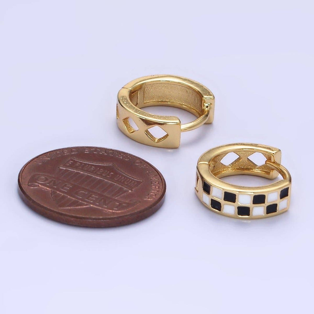 Black &amp; White Checkered Enamel Huggie Earrings