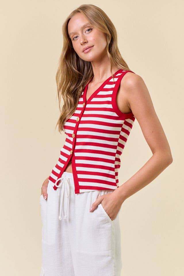Red Stripe Knit Button Tank