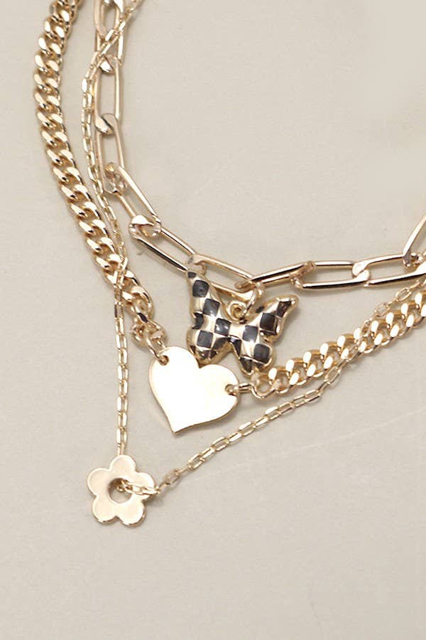 Multi-Layer Butterfly & Heart Charm Bracelet