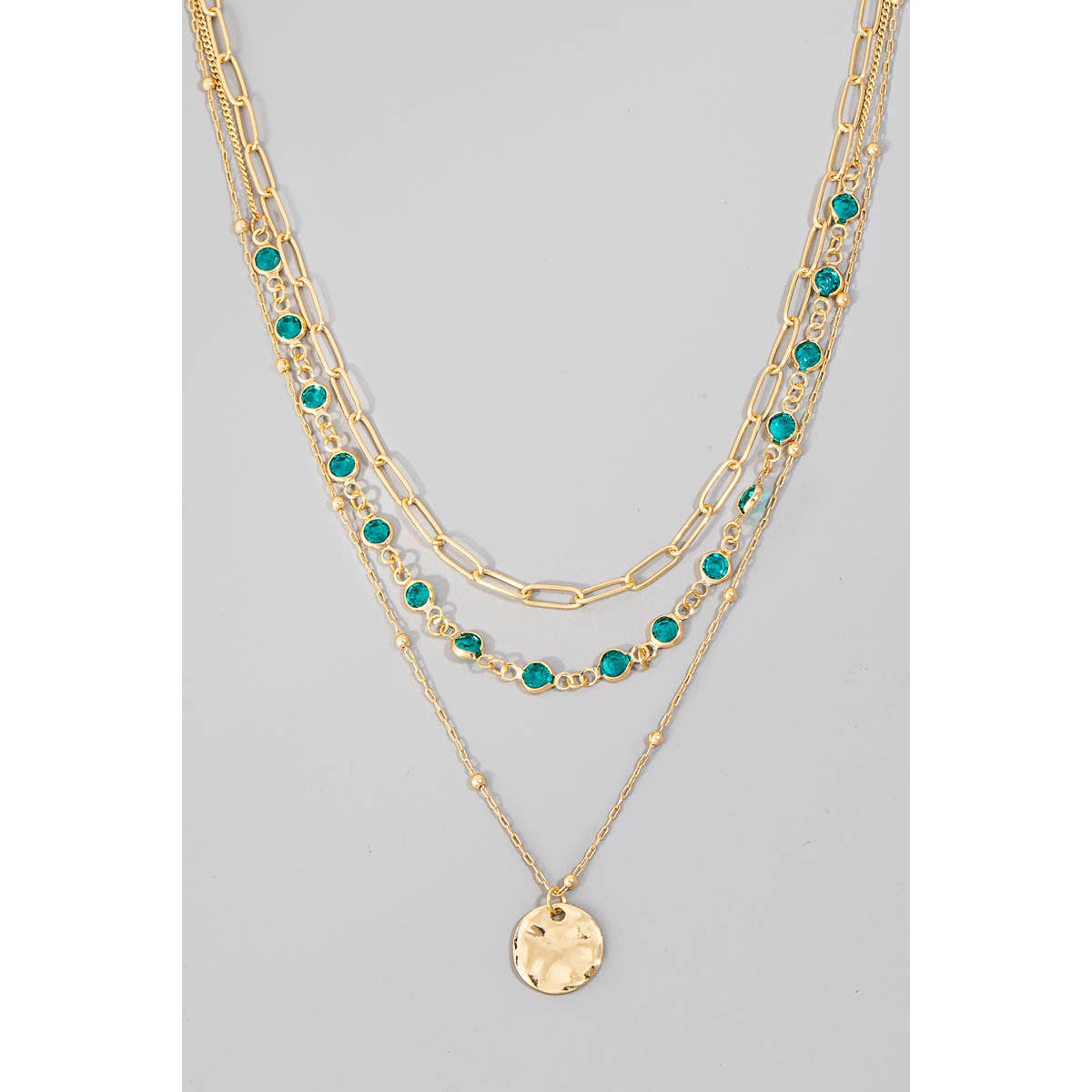 Coin Pendant Layered Chains Necklace: Gold Crystal