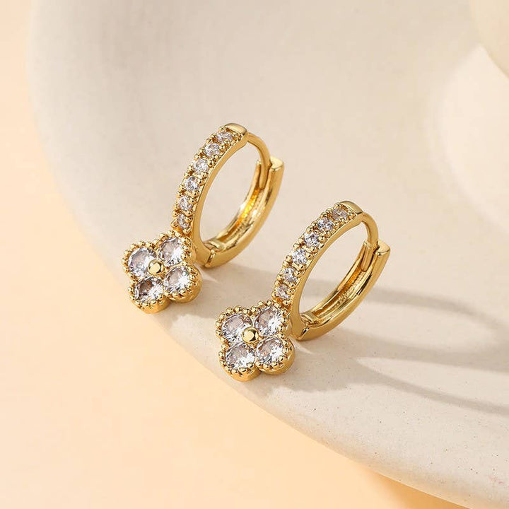Dainty Clover Crystal Huggie Hoop Earrings